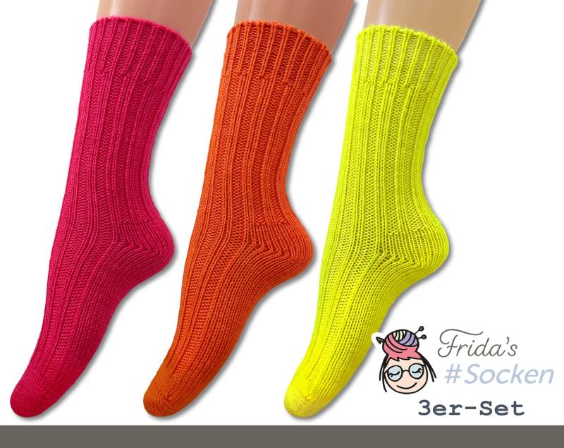 Frida's Socken 3Er-Set #knallbunt Größe 36-40 | 3 Paar Gestrickte Wollsocken Schurwolle Merino Superwash von WohnkultDeko