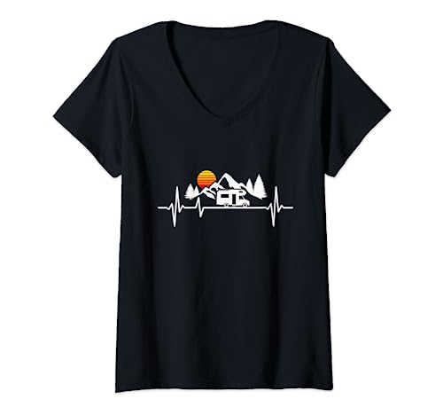 Damen Camping Herzschlag Wohnmobil T-Shirt mit V-Ausschnitt Damen Camping Herzschlag Wohnmobil T-Shirt mit V-Ausschnitt von Wohnmobil Zubehör & Geschenke für Camper