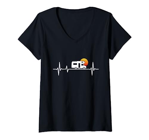 Damen Camping Herzschlag Wohnmobil T-Shirt mit V-Ausschnitt Damen Camping Herzschlag Wohnmobil T-Shirt mit V-Ausschnitt von Wohnmobil Zubehör & Geschenke für Camper