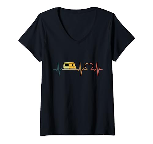 Damen Wohnwagen Herzschlag Retro Camper EKG Camping Herz T-Shirt mit V-Ausschnitt Damen Wohnwagen Herzschlag Retro Camper EKG Camping Herz T-Shirt mit V-Ausschnitt von Wohnwagen Retro Herzschlag Caravan Campen Designs