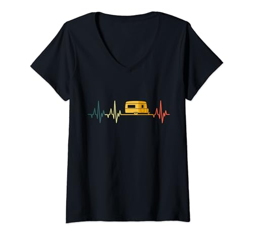 Damen Wohnwagen Herzschlag Retro Camper EKG Camping T-Shirt mit V-Ausschnitt Damen Wohnwagen Herzschlag Retro Camper EKG Camping T-Shirt mit V-Ausschnitt von Wohnwagen Retro Herzschlag Caravan Campen Designs