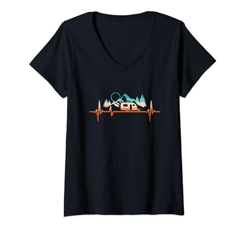 Damen Camping Herzschlag Wohnwagen T-Shirt mit V-Ausschnitt Damen Camping Herzschlag Wohnwagen T-Shirt mit V-Ausschnitt von Wohnwagen Zubehör & Geschenke für Camper