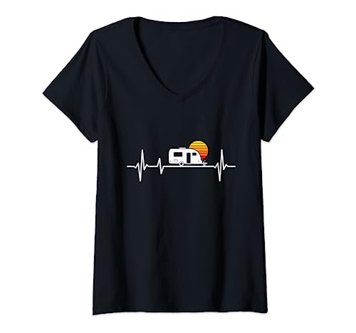 Damen Camping Herzschlag Wohnwagen T-Shirt mit V-Ausschnitt Damen Camping Herzschlag Wohnwagen T-Shirt mit V-Ausschnitt von Wohnwagen Zubehör & Geschenke für Camper