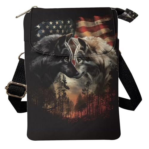 Wideasale Kuriertasche, lässige Umhängetasche für Damen, stilvolle Outdoor-Reise, Reißverschluss, Stofftasche, Handyaufbewahrung, Geldbörse, Amerikanische Flagge, Wolf-Druck von Woisttop