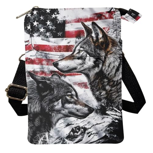 Wideasale Kuriertasche, lässige Umhängetasche für Damen, stilvolle Outdoor-Reise, Reißverschluss, Stofftasche, Handyaufbewahrung, Geldbörse, Amerikanische Flagge, Wolf von Woisttop