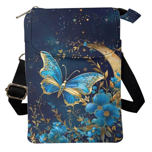 Wideasale Kuriertasche, lässige Umhängetasche für Damen, stilvolle Outdoor-Reise, Reißverschluss, Stofftasche, Handyaufbewahrung, Geldbörse, Schmetterling blau von Woisttop