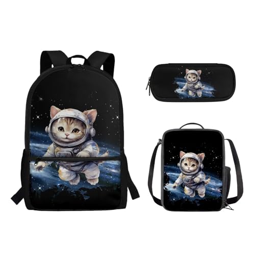 Woisttop 3-teiliger Rucksack für Kinder, elementarer Rucksack, Schultasche mit Lunchbox, Tasche, Federmäppchen-Set, Astronauten-Katze von Woisttop
