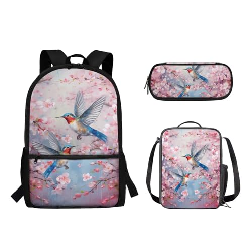 Woisttop 3-teiliger Rucksack für Kinder, elementarer Rucksack, Schultasche mit Lunchbox, Tasche, Federmäppchen-Set, Kolibri von Woisttop