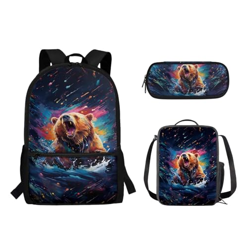 Woisttop 3-teiliger Rucksack für Kinder, elementarer Rucksack, Schultasche mit Lunchbox, Tasche, Federmäppchen-Set, bär von Woisttop