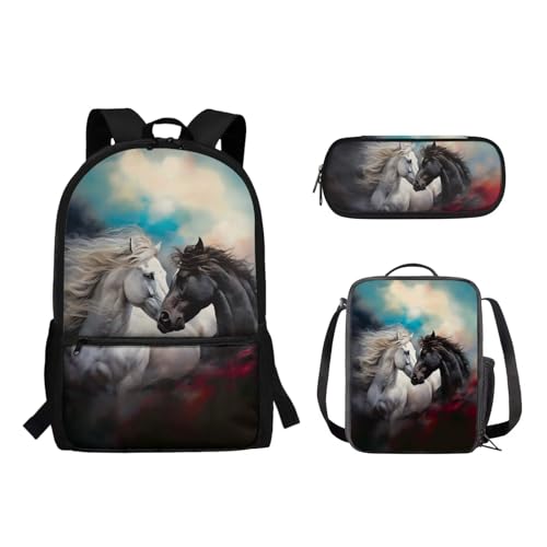 Woisttop 3-teiliger Rucksack für Kinder, elementarer Rucksack, Schultasche mit Lunchbox, Tasche, Federmäppchen-Set, pferd von Woisttop