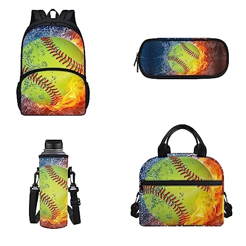 Woisttop 4-teiliges Schulranzen-Set, große Kapazität, Rucksack mit Lunchbox, Federmäppchen und Wasserflaschentasche für Kinder, 02-Softball-Design, Rucksack Rucksäcke von Woisttop