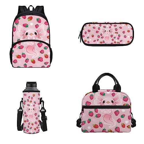 Woisttop 4-teiliges Schulranzen-Set, große Kapazität, Rucksack mit Lunchbox, Federmäppchen und Wasserflaschentasche für Kinder, Erdbeer-Axolotl-Design, Rucksack Rucksäcke von Woisttop