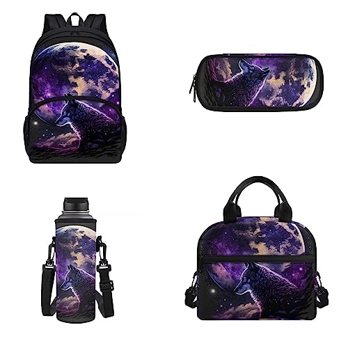 Woisttop 4-teiliges Schulranzen-Set, große Kapazität, Rucksack mit Lunchbox, Federmäppchen und Wasserflaschentasche für Kinder, Galaxie Mond Wolf, Rucksack Rucksäcke von Woisttop