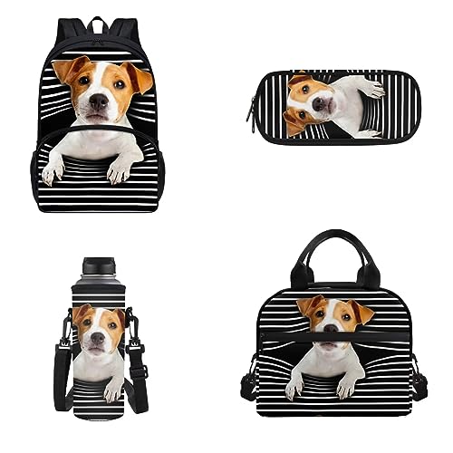 Woisttop 4-teiliges Schulranzen-Set, große Kapazität, Rucksack mit Lunchbox, Federmäppchen und Wasserflaschentasche für Kinder, Jack Russell Terrier Hund, Rucksack Rucksäcke von Woisttop