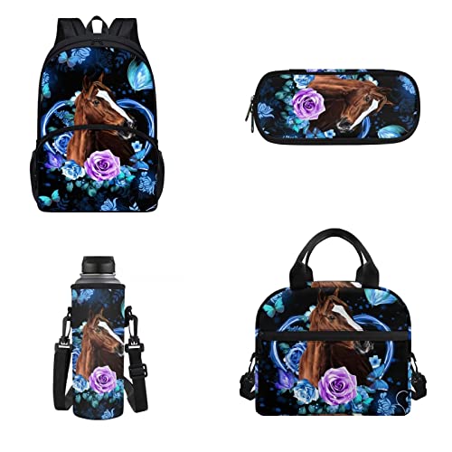 Woisttop 4-teiliges Schulranzen-Set, große Kapazität, Rucksack mit Lunchbox, Federmäppchen und Wasserflaschentasche für Kinder, Lila Blume Pferd, Rucksack Rucksäcke von Woisttop