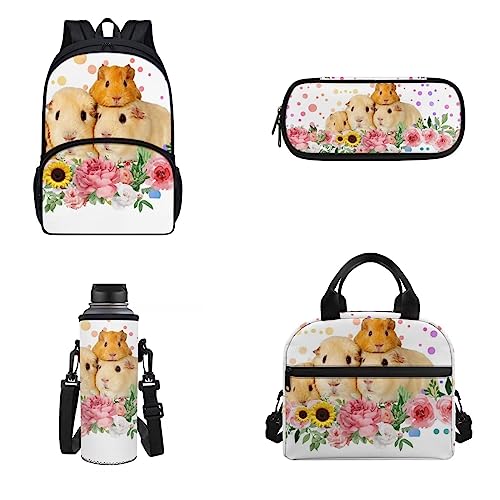 Woisttop 4-teiliges Schulranzen-Set, große Kapazität, Rucksack mit Lunchbox, Federmäppchen und Wasserflaschentasche für Kinder, Meerschweinchen-Aufdruck, Rucksack Rucksäcke von Woisttop