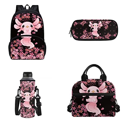 Woisttop 4-teiliges Schulranzen-Set, große Kapazität, Rucksack mit Lunchbox, Federmäppchen und Wasserflaschentasche für Kinder, Sakura Salamander, Rucksack Rucksäcke von Woisttop