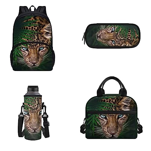 Woisttop 4-teiliges Schulranzen-Set, große Kapazität, Rucksack mit Lunchbox, Federmäppchen und Wasserflaschentasche für Kinder, Wald Leopard Gepard, Rucksack Rucksäcke von Woisttop