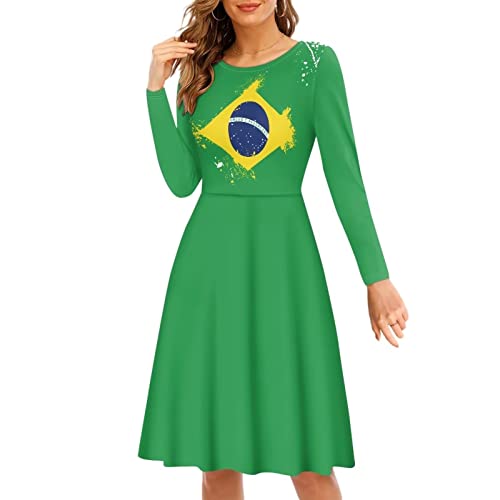 Woisttop Damen Herbst Langarm Kleider Casual Lose Party A-Linie Rundhals Midi Kleid Größe S-4XL, Brasilien-Flagge, L von Woisttop