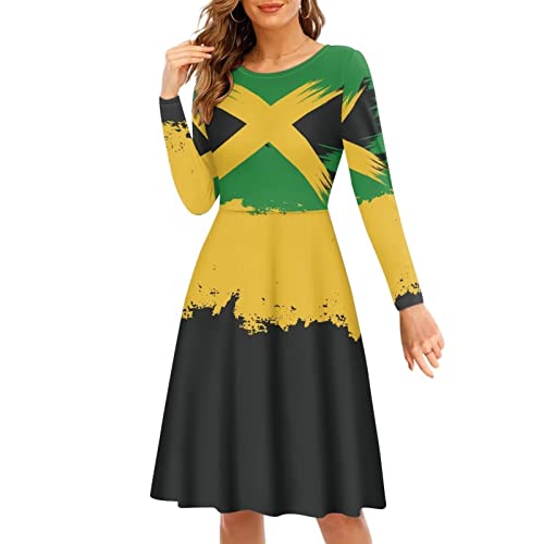 Woisttop Damen Herbst Langarm Kleider Casual Lose Party A-Linie Rundhals Midi Kleid Größe S-4XL, Jamaika-Flagge, XX-Large von Woisttop