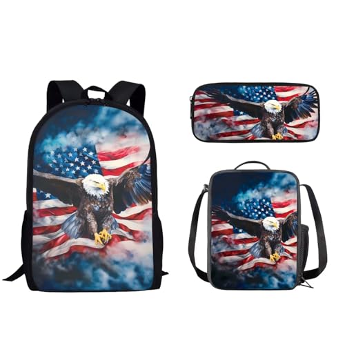 Woisttop Kinder-/Teenager-Rucksack, Büchertasche mit isolierter Lunchtasche, Tragetasche, Federmäppchen, 3-teiliges Tagesrucksack-Set, Adler von Woisttop