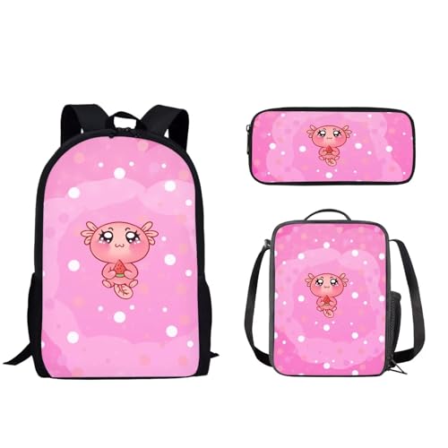 Woisttop Kinder-/Teenager-Rucksack, Büchertasche mit isolierter Lunchtasche, Tragetasche, Federmäppchen, 3-teiliges Tagesrucksack-Set, Axolotl von Woisttop