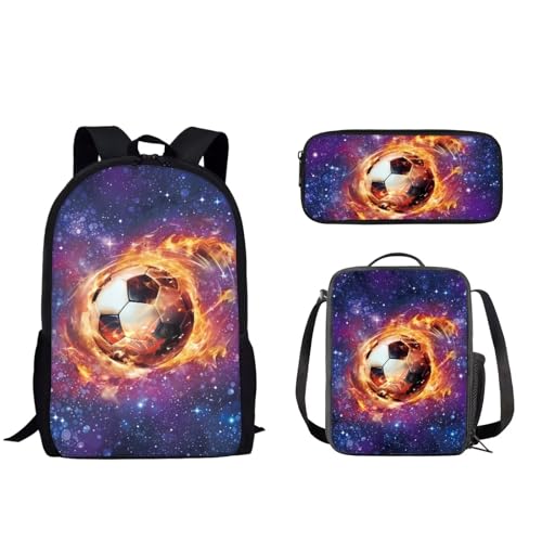 Woisttop Kinder-/Teenager-Rucksack, Büchertasche mit isolierter Lunchtasche, Tragetasche, Federmäppchen, 3-teiliges Tagesrucksack-Set, Fußball-Aufdruck von Woisttop