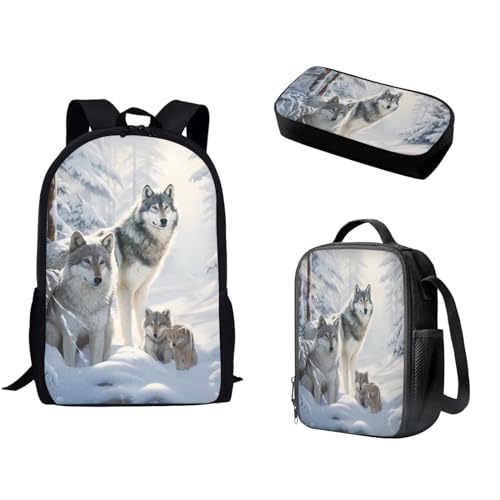 Woisttop Kinder-/Teenager-Rucksack, Büchertasche mit isolierter Lunchtasche, Tragetasche, Federmäppchen, 3-teiliges Tagesrucksack-Set, Wolfsdruck von Woisttop