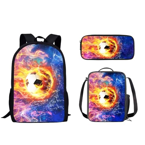 Woisttop Kinder-/Teenager-Rucksack, Büchertasche mit isolierter Lunchtasche, Tragetasche, Federmäppchen, 3-teiliges Tagesrucksack-Set, fußball von Woisttop