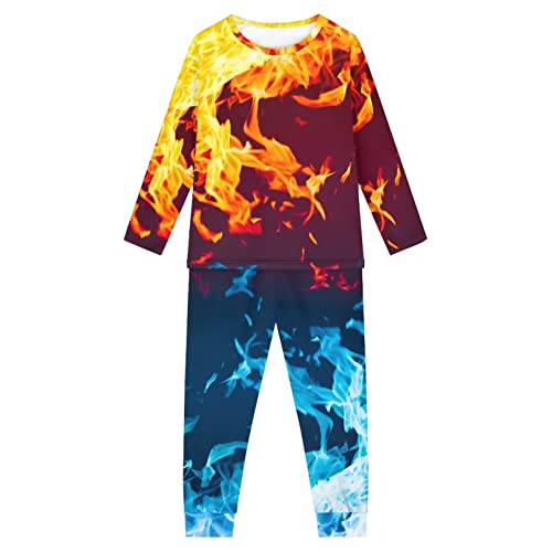 Woisttop Kinder Mädchen Jungen 3-16 Jahre Pyjama Set Langarm Winter Frühling Kleidung Pjs 2 Stück Outfit Nachtwäsche, Orange-blaue Feuerflamme, 13-14 Jahre von Woisttop