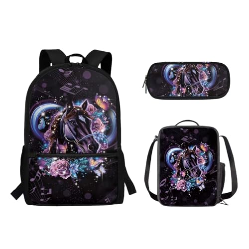 Woisttop Kinder-Schulrucksack mit Lunchbox, Federmäppchen, 3-in-1-Set, Lagerkapazität, Schüler, Büchertaschen, Schultertaschen, Horse Rose von Woisttop