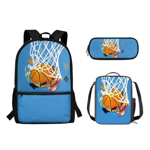 Woisttop Kinder-Schulrucksack mit Lunchbox, Federmäppchen, 3-in-1-Set, Lagerkapazität, Schüler-Büchertaschen, Schultertaschen, Basketball von Woisttop