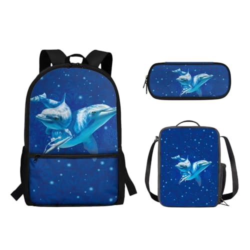 Woisttop Kinder-Schulrucksack mit Lunchbox, Federmäppchen, 3-in-1-Set, Lagerkapazität, Schüler-Büchertaschen, Schultertaschen, Delfin von Woisttop