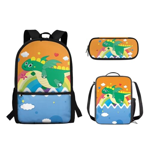 Woisttop Kinder-Schulrucksack mit Lunchbox, Federmäppchen, 3-in-1-Set, Lagerkapazität, Schüler-Büchertaschen, Schultertaschen, Dinosaurier von Woisttop