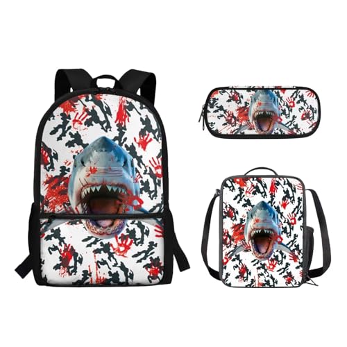 Woisttop Kinder-Schulrucksack mit Lunchbox, Federmäppchen, 3-in-1-Set, Lagerkapazität, Schüler-Büchertaschen, Schultertaschen, Hai 3D von Woisttop