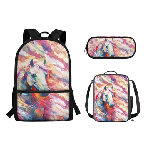 Woisttop Kinder-Schulrucksack mit Lunchbox, Federmäppchen, 3-in-1-Set, Lagerkapazität, Schüler-Büchertaschen, Schultertaschen, Pferdedruck von Woisttop