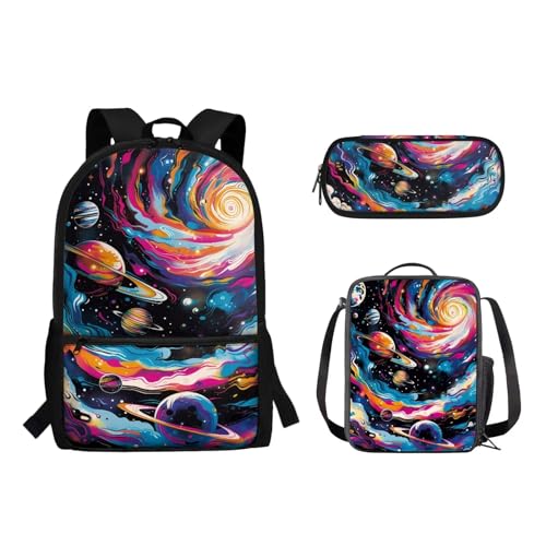 Woisttop Kinder-Schulrucksack mit Lunchbox, Federmäppchen, 3-in-1-Set, Lagerkapazität, Schüler-Büchertaschen, Schultertaschen, Planet von Woisttop