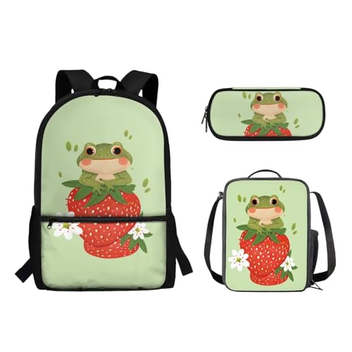 Woisttop Kinder-Schulrucksack mit Lunchbox, Federmäppchen, 3-in-1-Set, Lagerkapazität, Schüler-Büchertaschen, Schultertaschen, frosch von Woisttop