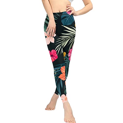 Woisttop Leggings mit hoher Taille, Bauchkontrolle, für Damen, modisch, Übergröße, Workout, Fitnessstudio, Yogahose, Tropische Blume Hibiskus, S von Woisttop