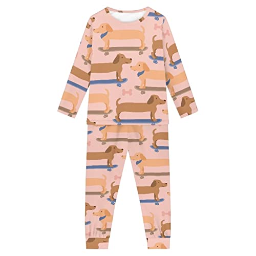 Woisttop Mädchen Pyjama Set Langarm Hund Muster Kinder Pyjama Nachtwäsche 2 Stück Lounge Set Nachtwäsche für 3-16 Jahre, Dackel Wurst Hund, 11-12 Jahre von Woisttop