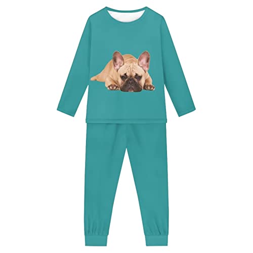 Woisttop Mädchen Pyjama Set Langarm Hund Muster Kinder Pyjama Nachtwäsche 2 Stück Lounge Set Nachtwäsche für 3-16 Jahre, Türkisfarbene Französische Bulldogge, 13-14 Jahre von Woisttop