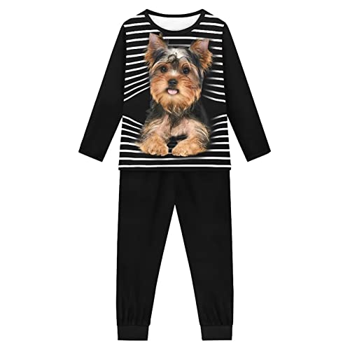 Woisttop Mädchen Pyjama Set Langarm Hund Muster Kinder Pyjama Nachtwäsche 2 Stück Lounge Set Nachtwäsche für 3-16 Jahre, Weiß-schwarz gestreifter Yorkshire Terrier, 11-12 Jahre von Woisttop
