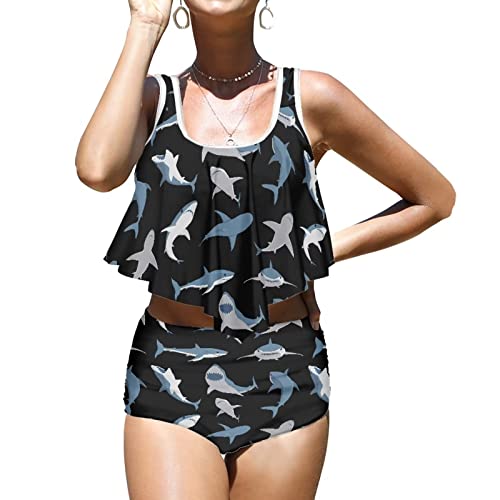 Woisttop Tankini-Badeanzüge für Damen, zweiteilig, Rüschenoberteile mit hoher Taille, Bikini-Set, Badeanzug (S-2XL), Cartoon Ocean Shark, S von Woisttop