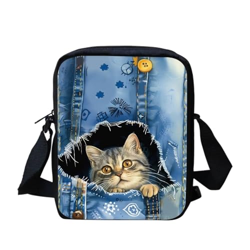 Woisttop Umhängetasche für Damen, Umhängetasche, Geldbörse, Freizeit, Kuriertasche für Reisen, den täglichen Gebrauch, Denim-Katzen-Print von Woisttop