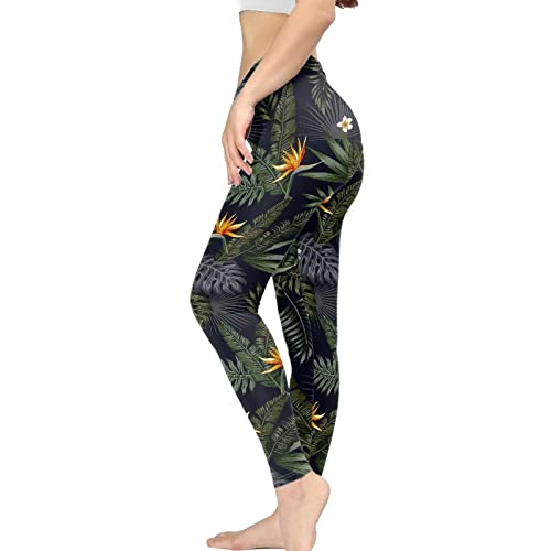 Woisttop XS-3XL Leggings mit hoher Taille, Bauchkontrolle, elastisch, butterweich, bequem, Yoga-Workout-Hose, Dschungel Tropische Blätter und Plumeria, L von Woisttop