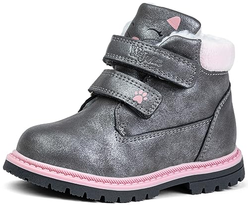 Mädchen Winterschuhe Wärme Stiefel mit Klettverschluss Gefütterte Schneestiefe Winterstiefel Rutschfest Stiefel Kinderschuhe für den Winter (Grau, EU Schuhgrößensystem, Kleinkind, Numerisch, M, 22) von Wojtyłko