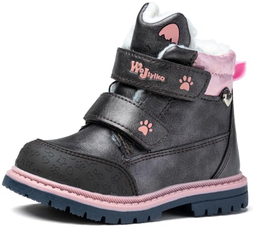 Wojtyłko Mädchen Winterschuhe | gefütterte Stiefel mit Klettverschluss | wärme Schneestiefe | Winterstiefel | rutschfest Stiefel (Grau, EU Schuhgrößensystem, Kleinkind, Numerisch, M, 27) von Wojtyłko