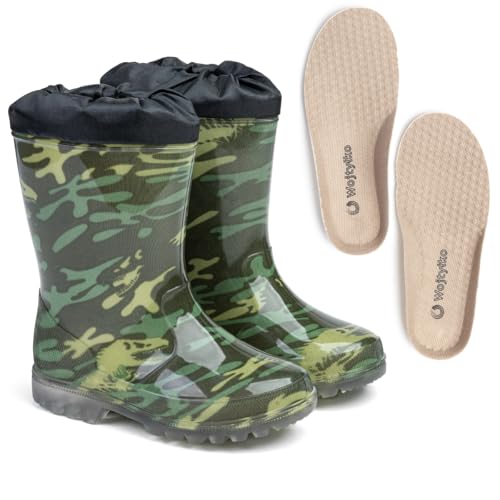 Wojtylko WK Gummistiefel | Kinder | mit Gummiband | Licht | bequem | Tarnung (Grün, EU Schuhgrößensystem, Kleinkind, Numerisch, M, 23) von Wojtyłko