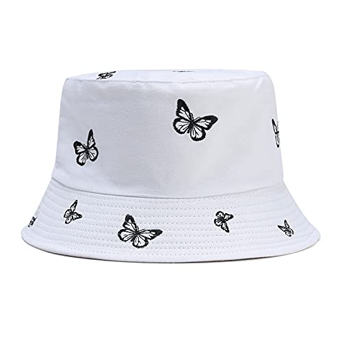 2022 Bucket Hat Damen Herren Baumwolle Fischerhut Sonnenhut Sommerhut Faltbarer Fischerhüte Strandhut Fishermütze Sommer Draussenhut mit Schmetterling Motiv (Weiß, One Size) von Wokee