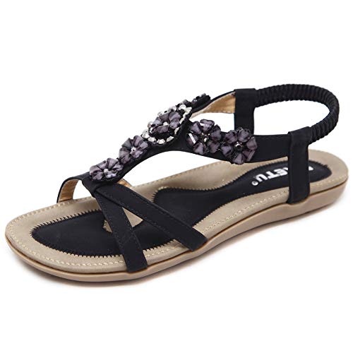 Woky Sandalen Damen Sommer Boho Zehentrenner mit Strass Frauen Outdoor Strand Flach Sandaletten Sommerschuhe Schwarz 36 von Woky